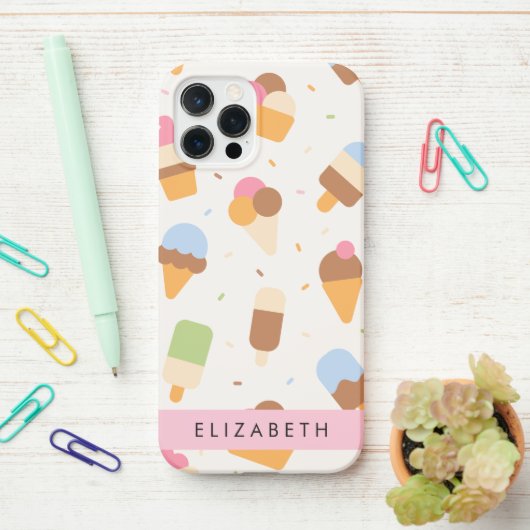 Ice Cream Pattern, Ice Cream Cone, Jouw naam iPhone Hoesje (Op bureau)