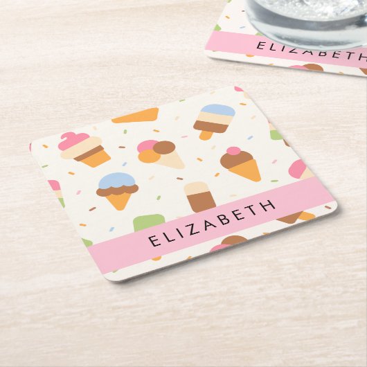 Ice Cream Pattern, Ice Cream Cone, Jouw naam Kartonnen Onderzetters (Schuin)