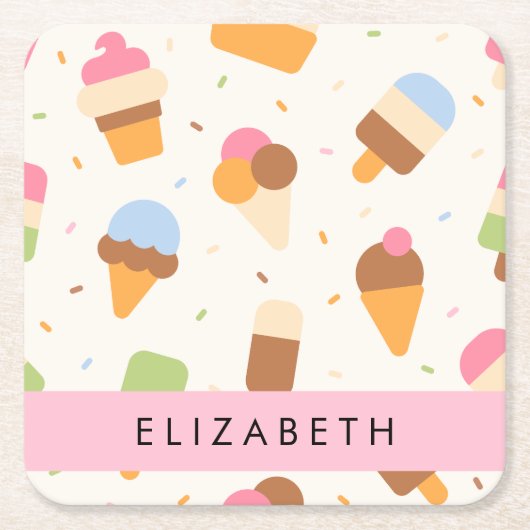 Ice Cream Pattern, Ice Cream Cone, Jouw naam Kartonnen Onderzetters (Voorkant)