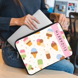 Ice Cream Pattern, Ice Cream Cone, Jouw naam Laptop Sleeve