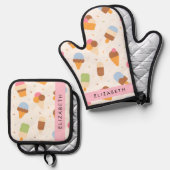Ice Cream Pattern, Ice Cream Cone, Jouw naam Ovenwant & Pannenlap Set (Voorkant / Achterkant)