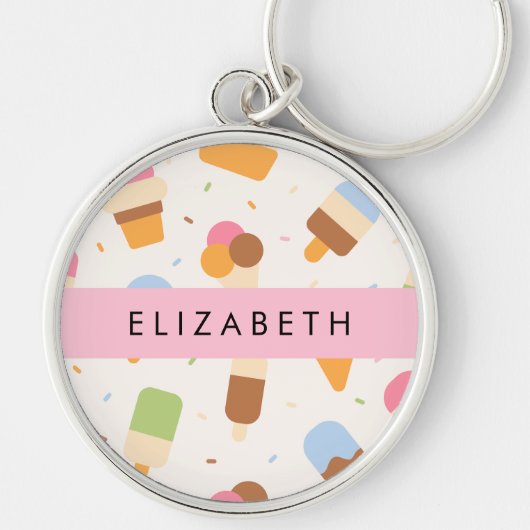 Ice Cream Pattern, Ice Cream Cone, Jouw naam Sleutelhanger (Voorkant)