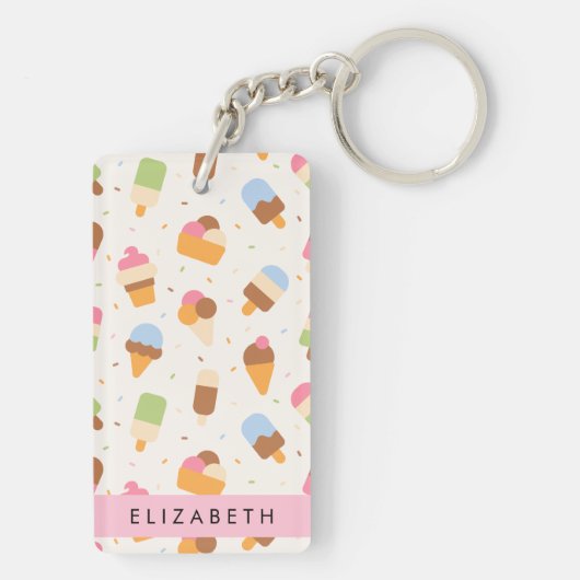 Ice Cream Pattern, Ice Cream Cone, Jouw naam Sleutelhanger (achterkant)