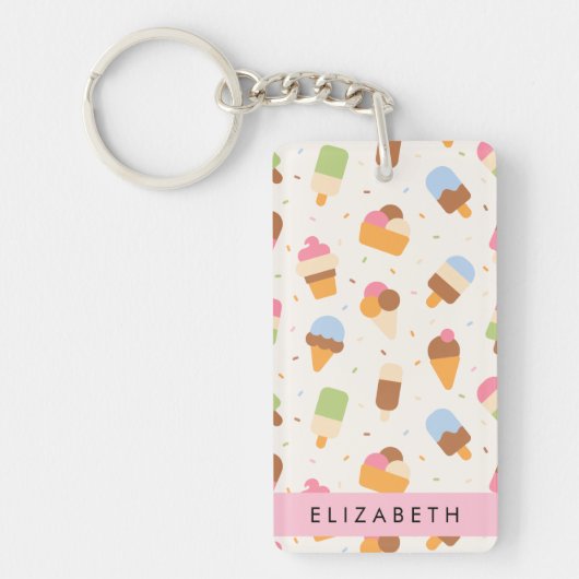 Ice Cream Pattern, Ice Cream Cone, Jouw naam Sleutelhanger (Voorkant)