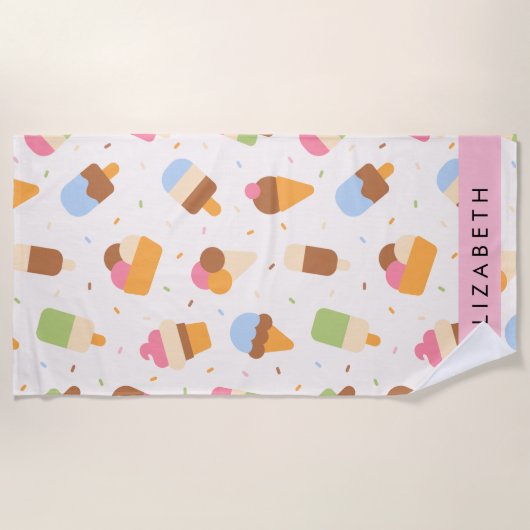 Ice Cream Pattern, Ice Cream Cone, Jouw naam Strandlaken (Voorkant)