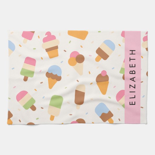 Ice Cream Pattern, Ice Cream Cone, Jouw naam Theedoek (Horizontaal)