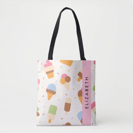 Ice Cream Pattern, Ice Cream Cone, Jouw naam Tote Bag (Voorkant)