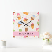 Ice Cream Pattern, Ice Cream Cone, Jouw naam Vierkante Klok (Huis)