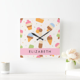 Ice Cream Pattern, Ice Cream Cone, Jouw naam Vierkante Klok