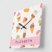 Ice Cream Pattern, Ice Cream Cone, Jouw naam Vierkante Klok (Hoek)