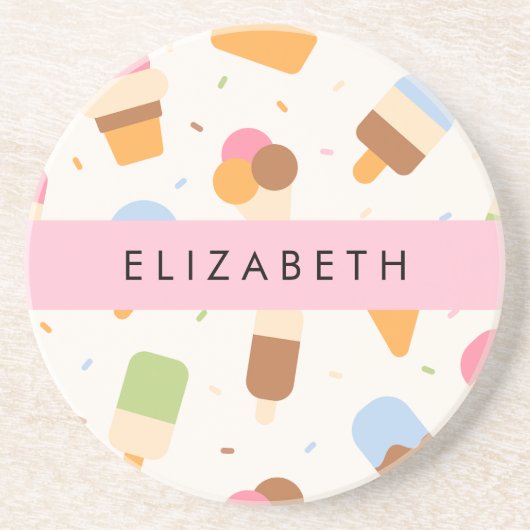 Ice Cream Pattern, Ice Cream Cone, Jouw naam Zandsteen Onderzetter (Voorkant)