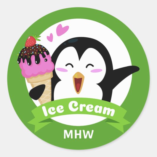 Ice Cream Penguin aangepaste monogram & kleur stic Ronde Sticker (Voorkant)