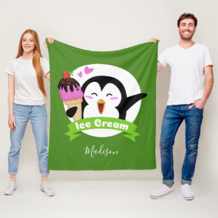 Ice Cream Penguin, aangepaste naam en kleurendeken Fleece Deken