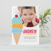 Ice Cream Photo Birthday Invitation in Aqua Kaart (Staand voorkant)