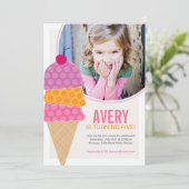 Ice Cream Photo Birthday Invitation in Orchid Kaart (Staand voorkant)