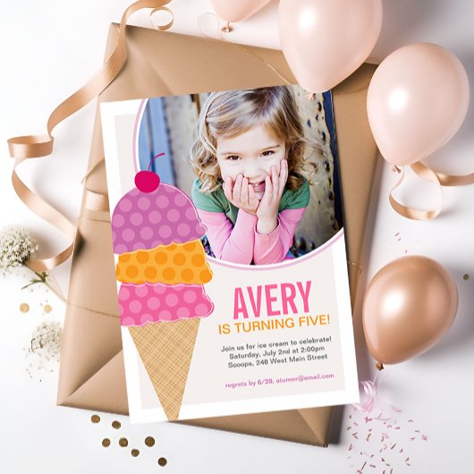 Ice Cream Photo Birthday Invitation in Orchid Kaart