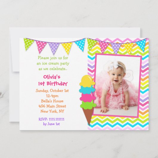 Ice Cream Photo Birthday Invitations Kaart (Voorkant)