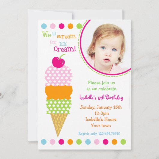 Ice Cream Photo Birthday Party Invitations Kaart (Voorkant)