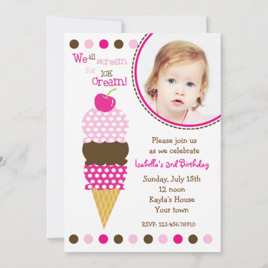 Ice Cream Photo Birthday Party Invitations Kaart (Voorkant)