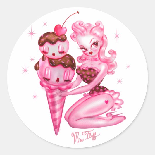 Ice Cream Pin Up Doll -Cherry Chocolade Saus Ronde Sticker (Voorkant)