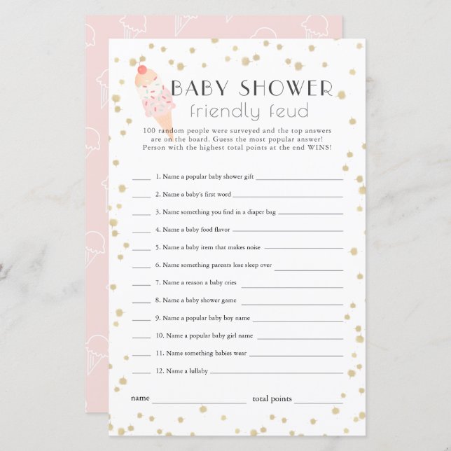 Ice Cream Pink Baby Shower Family Friendly Feud (Voorkant / Achterkant)