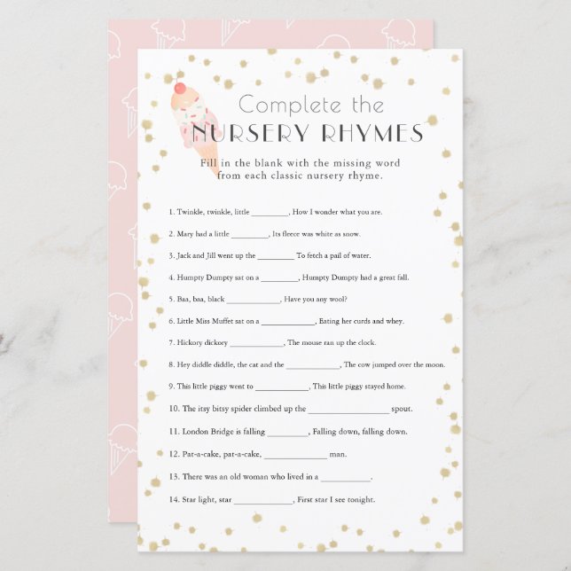 Ice Cream Pink Baby Shower Nursery Rhymes (Voorkant / Achterkant)