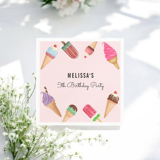 Ice Cream Pink Blue Brown Party Paper Napkin Servet