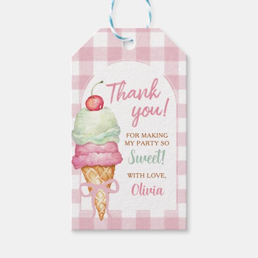 Ice Cream Pink Bow Gingham Birthday Party Cadeaulabel (Voorkant)