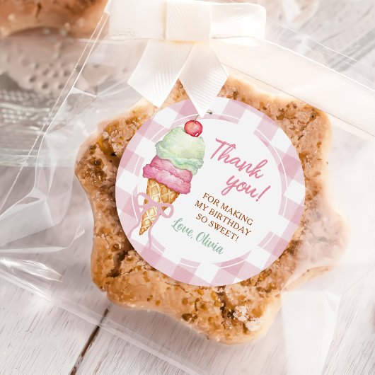 Ice Cream Pink Bow Gingham Birthday Party Ronde Sticker