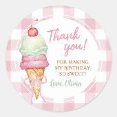 Ice Cream Pink Bow Gingham Birthday Party Ronde Sticker (Voorkant)