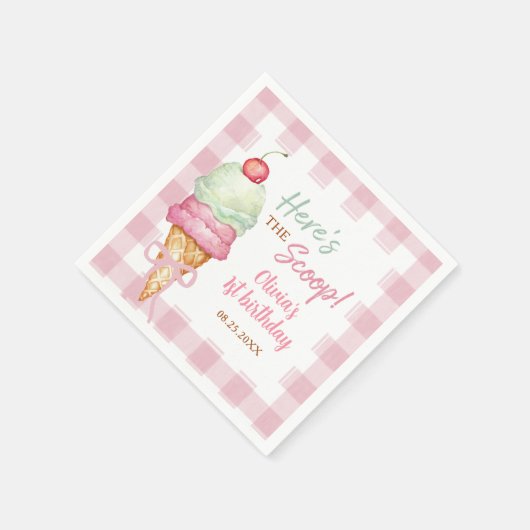 Ice Cream Pink Bow Gingham Birthday Party Servet (Hoek)