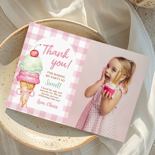 Ice Cream Pink Bow Gingham Verjaardagsfeest Foto Bedankkaart