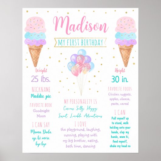 Ice Cream Pink Gold First Birthday Milestone Poster (Voorkant)