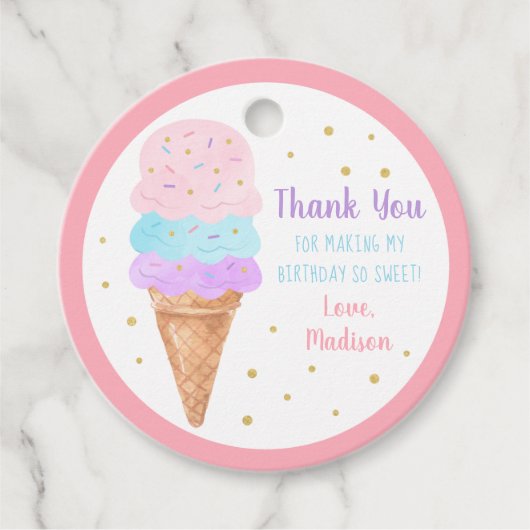 Ice Cream Pink Gold Pastel Birthday Hartelijk dank Bedankjes Labels (Voorkant)