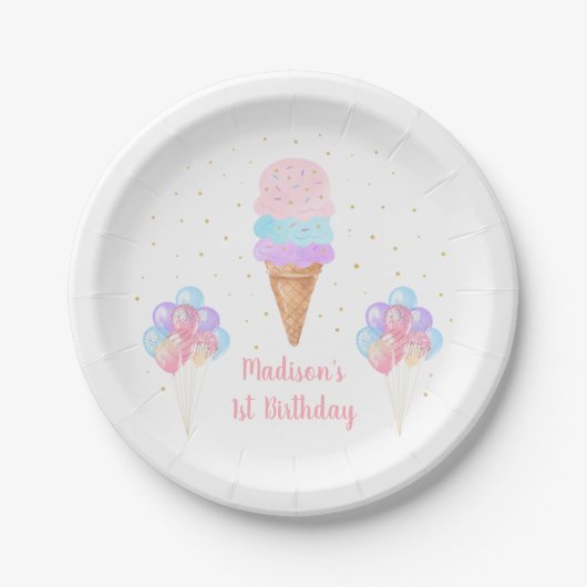 Ice Cream Pink Gold Pastel Birthday Papieren Bordje (Voorkant)