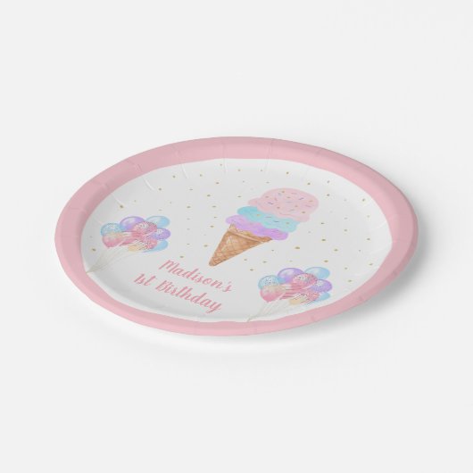 Ice Cream Pink Gold Pastel Birthday Papieren Bordje (Gekanteld)