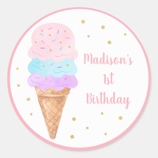 Ice Cream Pink Gold Pastel Birthday Ronde Sticker (Voorkant)