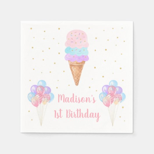 Ice Cream Pink Gold Pastel Birthday Servet (Voorkant)
