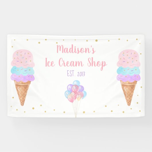 Ice Cream Pink Gold Pastel Birthday Spandoek (Horizontaal)