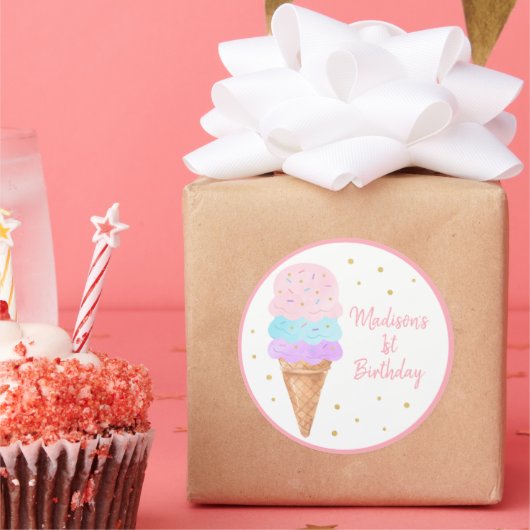 Ice Cream Pink Gold Rainbow Birthday Ronde Sticker (Feest)