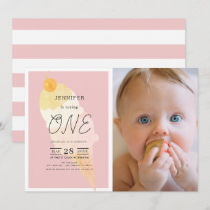 Ice Cream Pink Stripe Girl 1e verjaardag Kaart