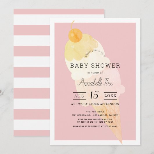 Ice Cream Pink Stripe Girl Baby shower Kaart (Voorkant / Achterkant)