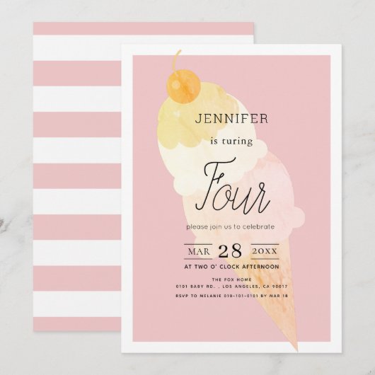 Ice Cream Pink Stripe Girl Verjaardag Kaart (Voorkant / Achterkant)