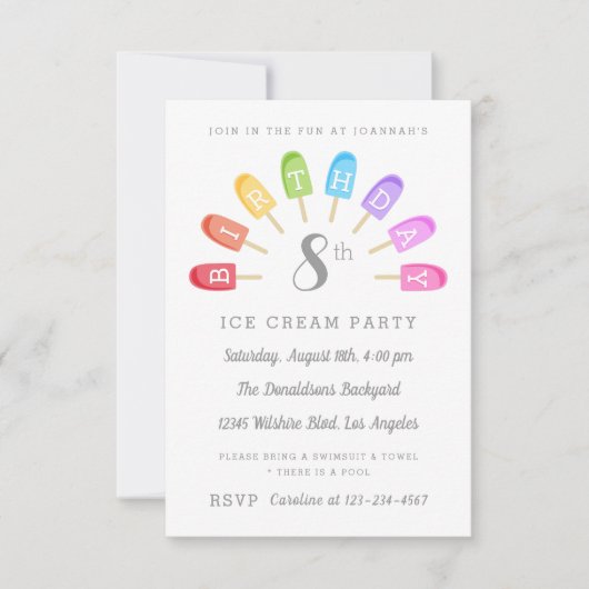 Ice Cream Popsile Birthday Party Invitation Kaart (Voorkant)