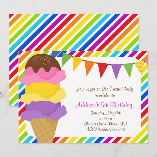 Ice Cream Rainbow Birthday Party Invitation Kaart (Voorkant / Achterkant)