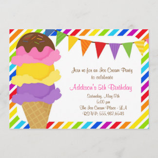 Ice Cream Rainbow Birthday Party Invitation Kaart