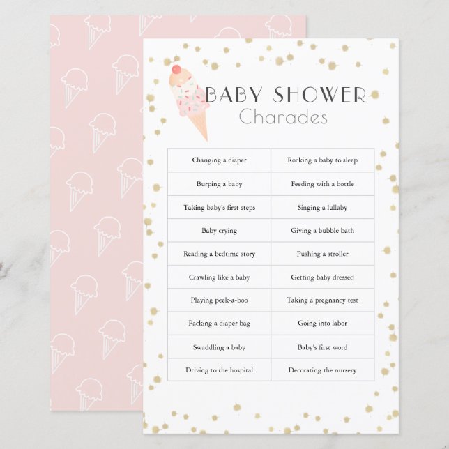 Ice Cream Roze Baby shower Charades (Voorkant / Achterkant)