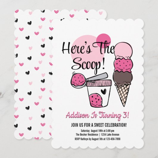 Ice Cream Scoop Birthday Party Invitation Kaart (Voorkant / Achterkant)