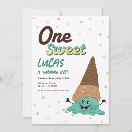 Ice Cream Scoop Boy 1e Verjaardagsfeestuitnodiging Kaart (Voorkant)