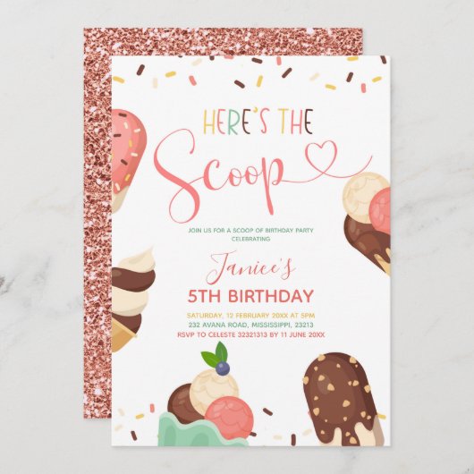 Ice Cream Scoop Girl Birthday Uitnodiging (Voorkant / Achterkant)